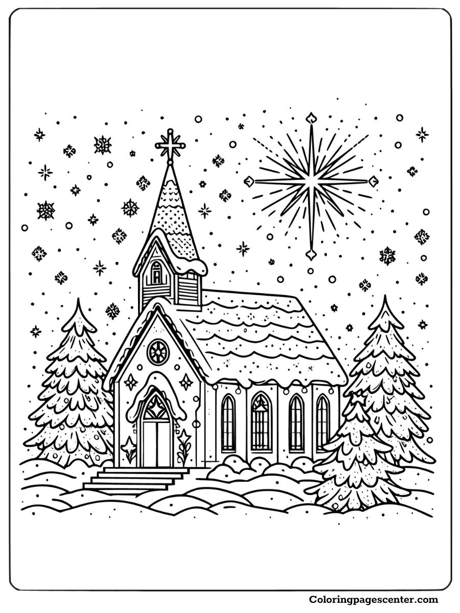 Beautiful snowy chapel in a Christmas coloring page