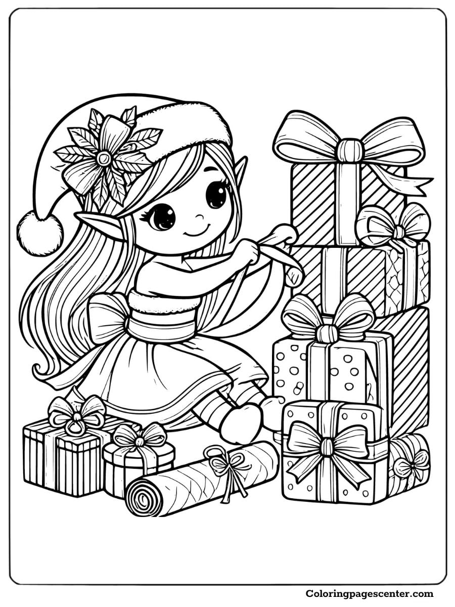 Cute Christmas coloring page of an elf wrapping presents