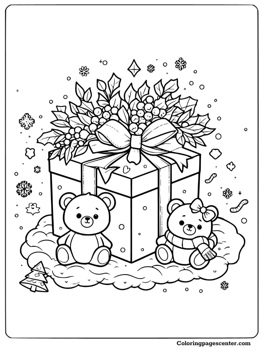 Teddy bears with a festive gift box coloring page