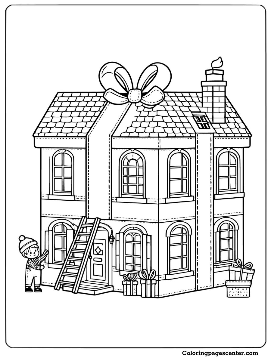 A house decorated as a Christmas gift coloring page