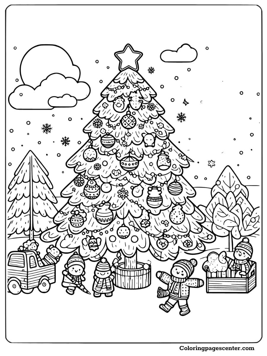 Coloring page featuring a decorated Christmas tree