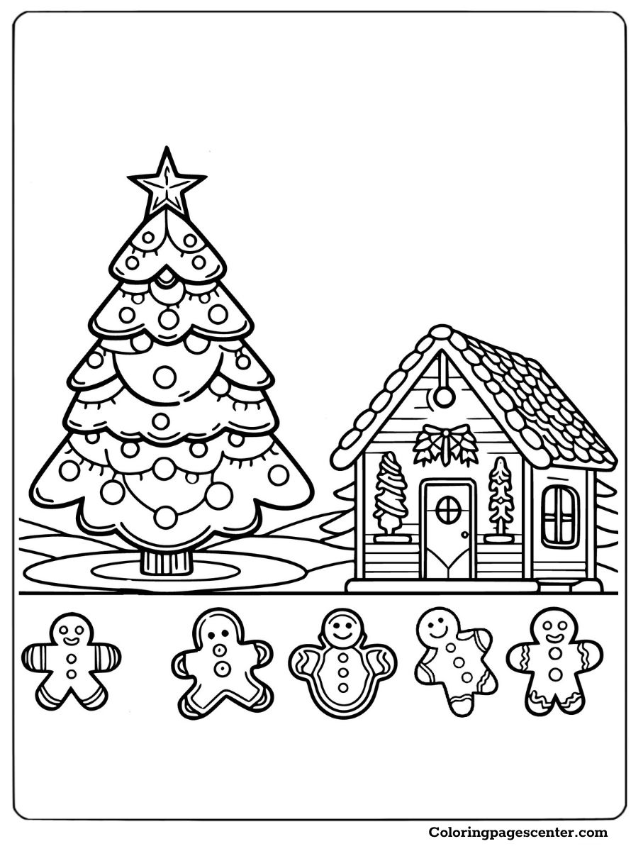 Coloring page with a Christmas tree and a gingerbread house