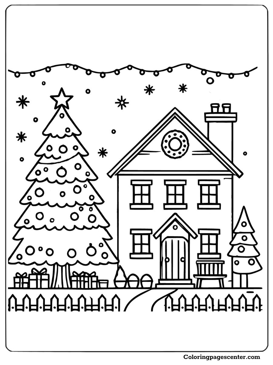 Coloring page of a Christmas tree next to a cozy house