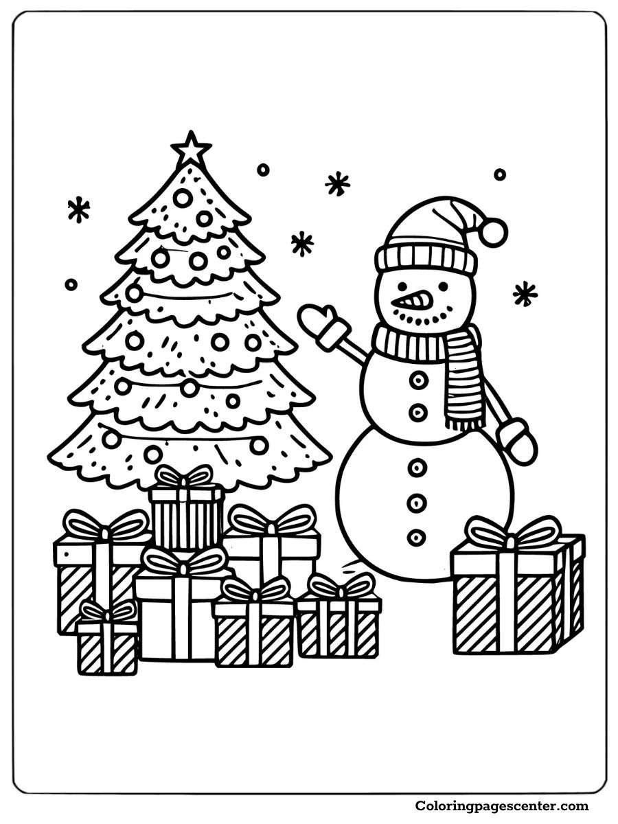 Coloring page featuring a Christmas tree, snowman, and presents