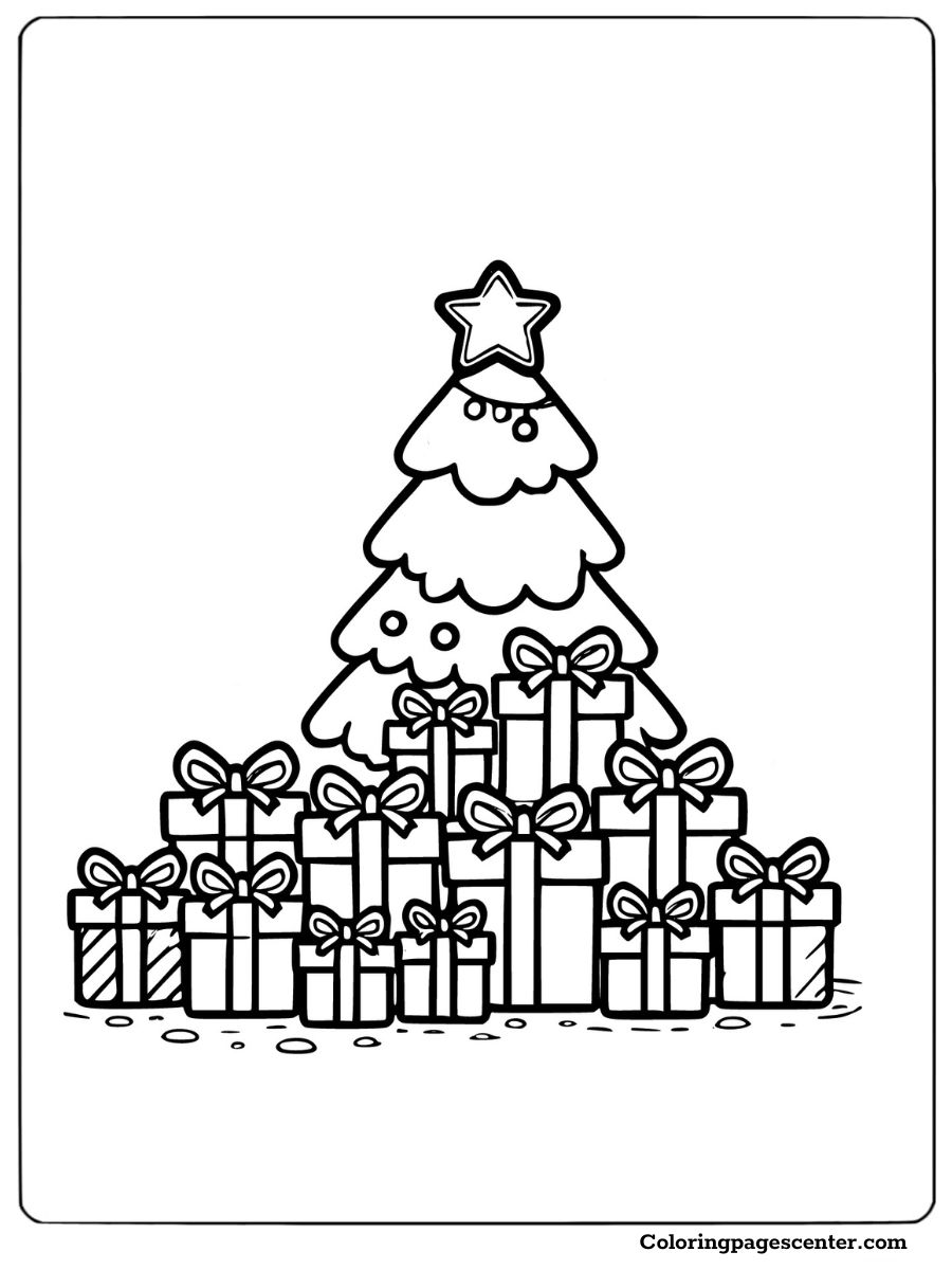 Coloring page featuring a Christmas tree surrounded by gifts