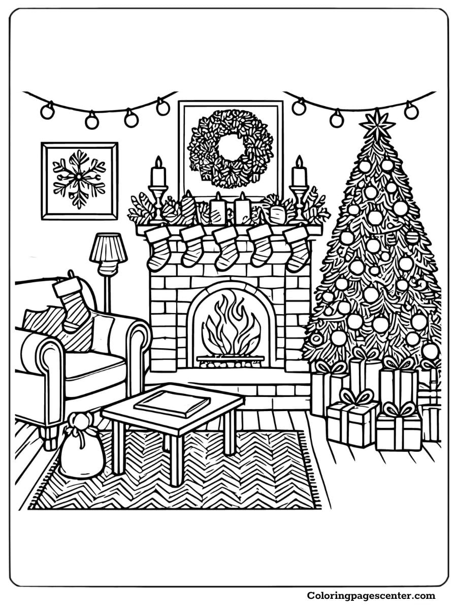 Coloring page of a living room with a Christmas tree by the fireplace