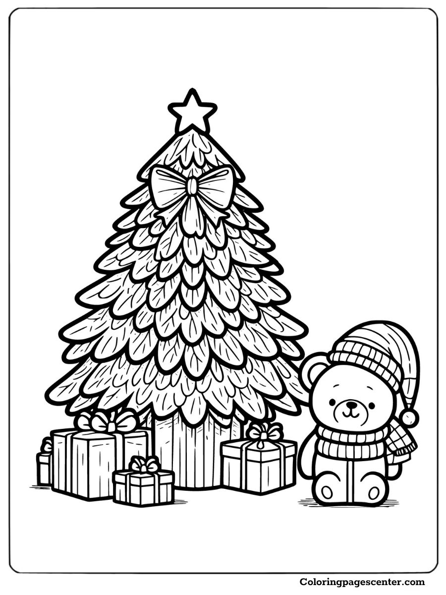 Coloring page of a Christmas tree with a teddy bear and gifts