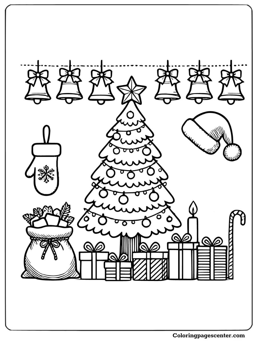 Christmas tree coloring page featuring ornaments and gifts