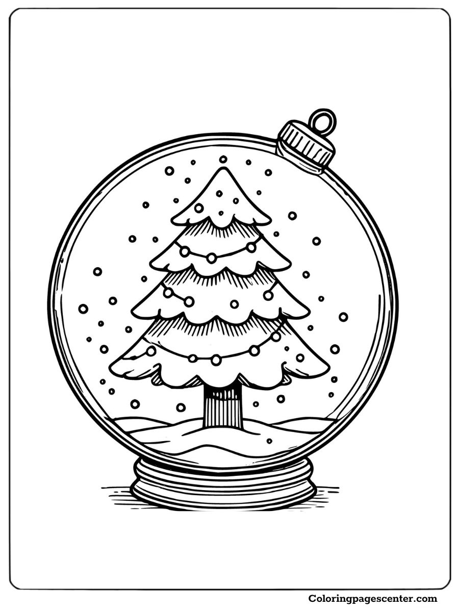 Coloring page of a Christmas tree inside a snow globe