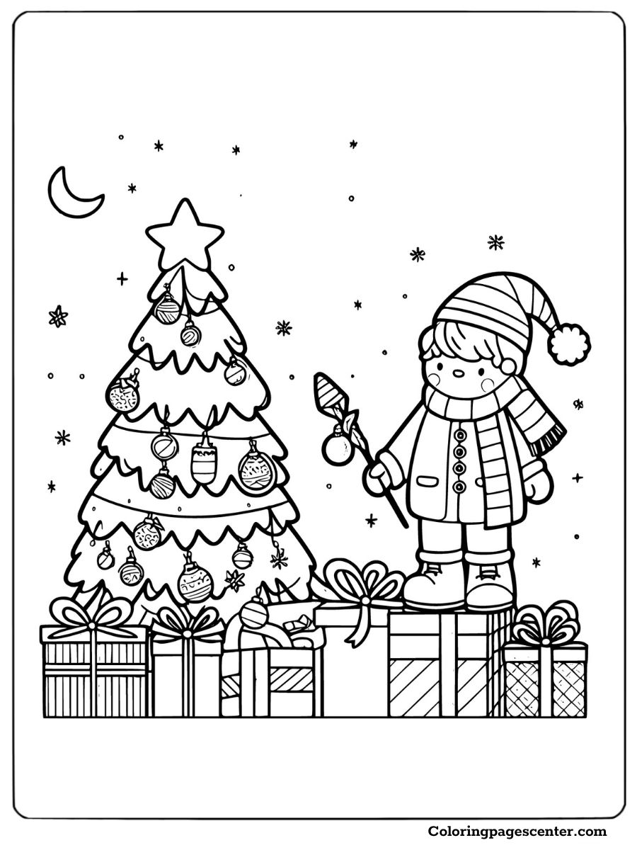 A Christmas tree with lots of presents coloring page