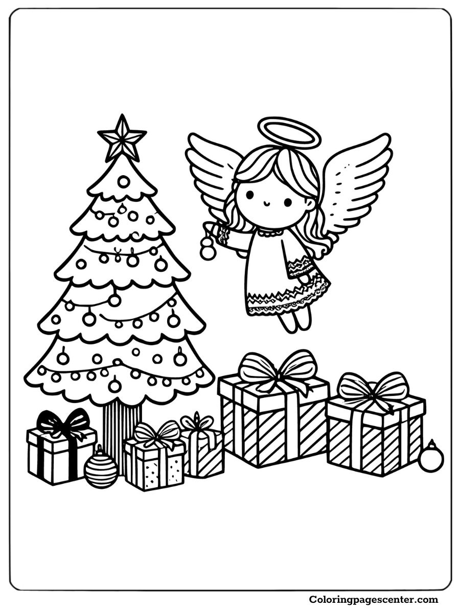 Coloring page of angel with Christmas tree and presents