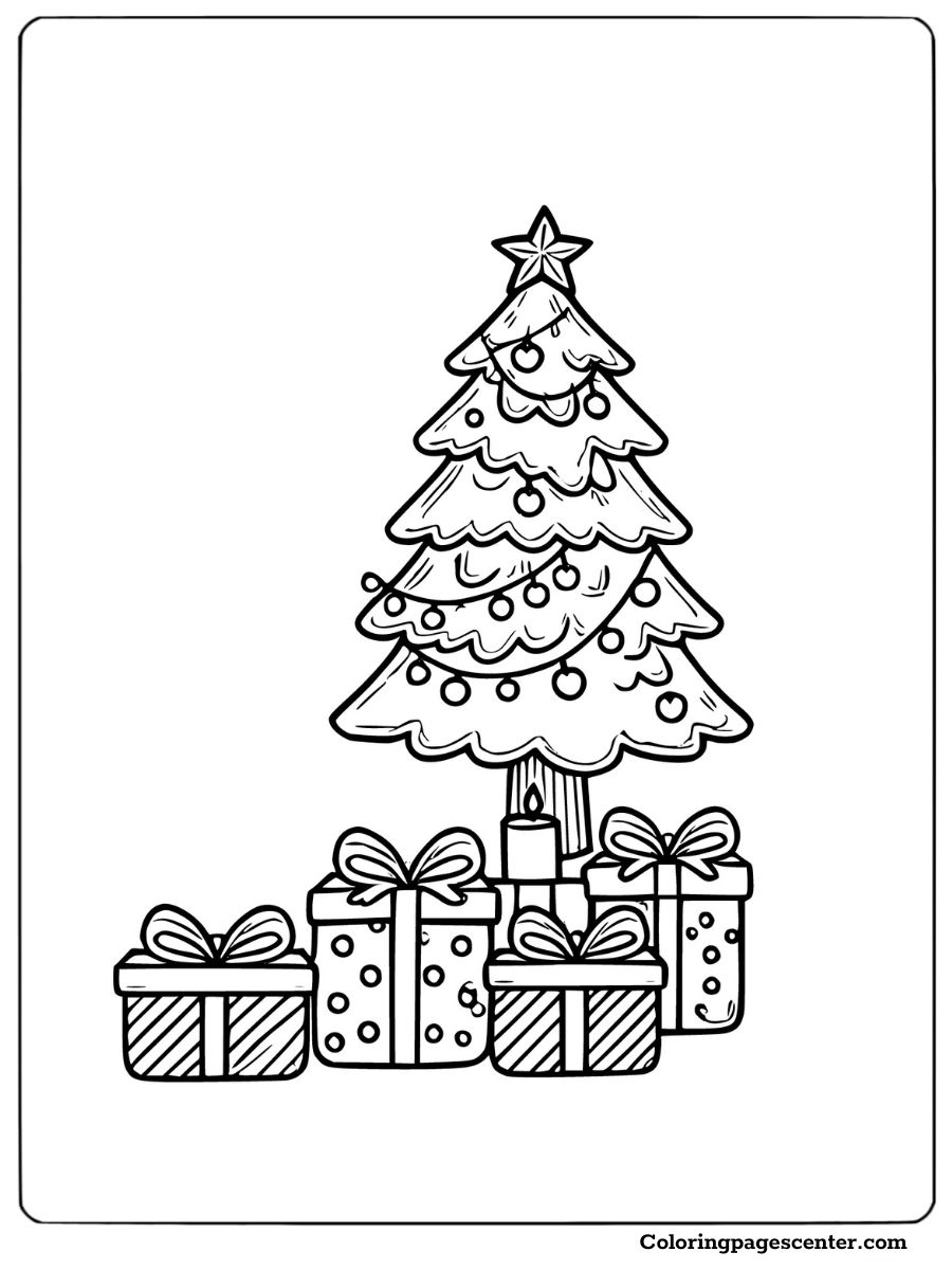 Decorated Christmas tree with presents coloring page