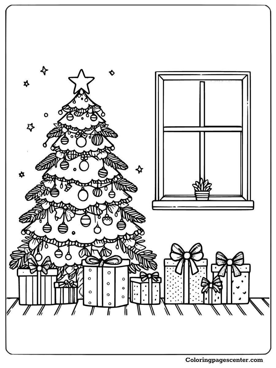 A Christmas tree by the window with presents coloring page