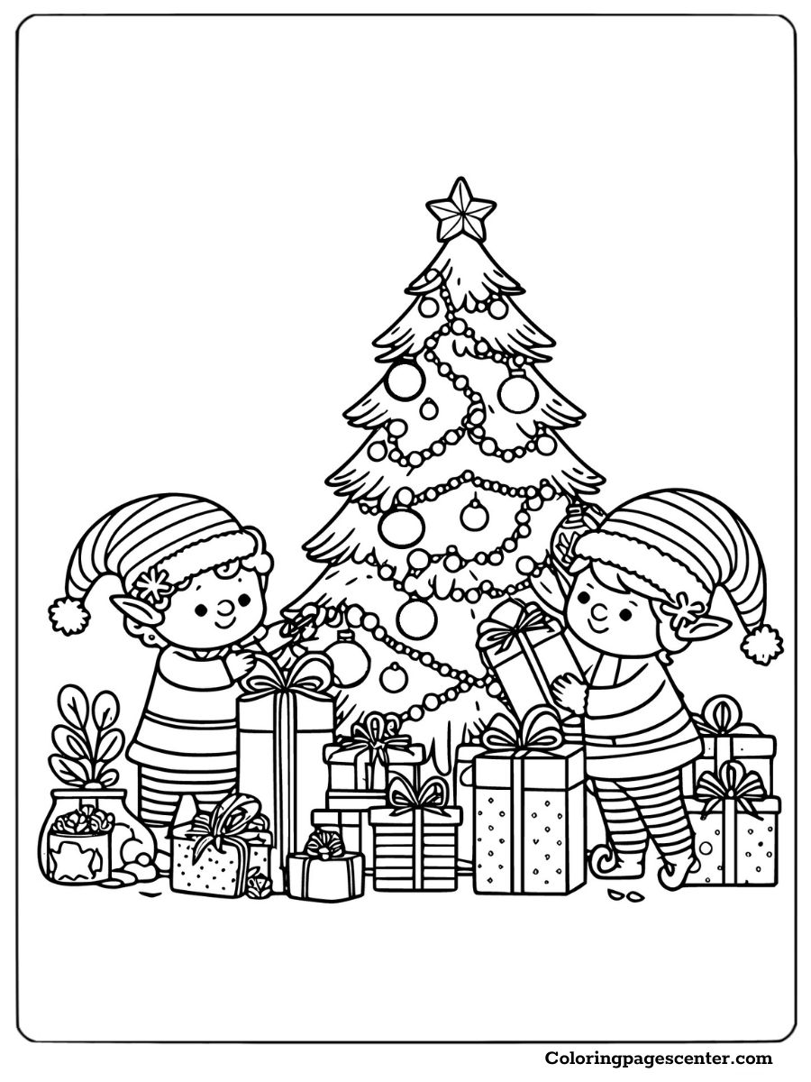 Elves holding presents near Christmas tree coloring page