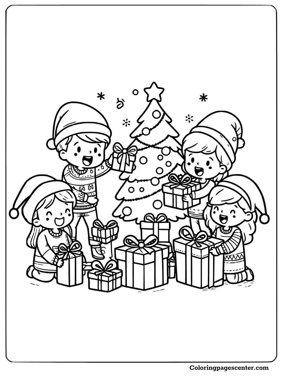 Kids playing with presents by Christmas tree coloring page