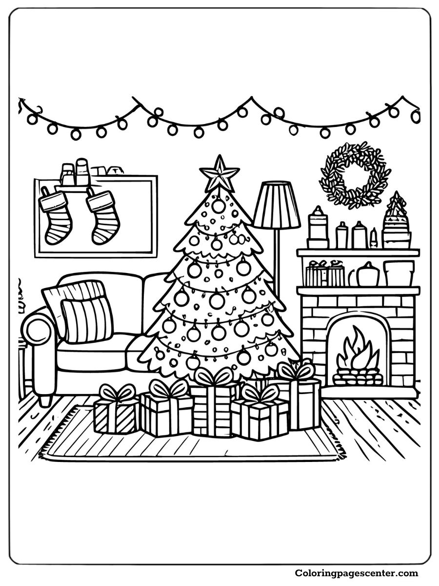 Living room with Christmas tree and presents coloring page