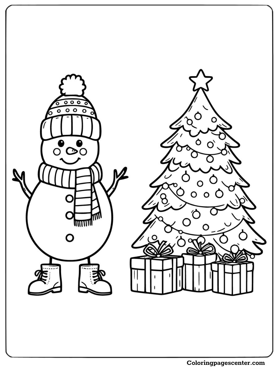 A snowman beside Christmas tree and presents coloring page