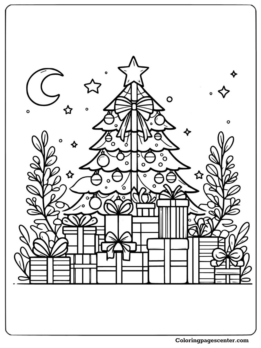 Christmas tree with presents under a starry sky coloring page