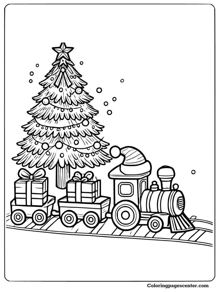 Train loaded with presents near Christmas tree coloring page