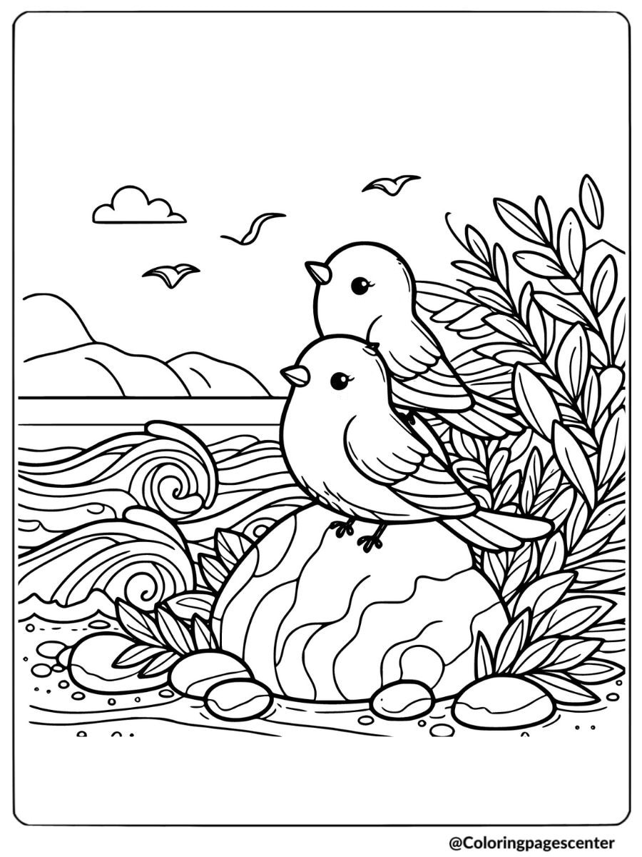 Cute birds perched on a rock near ocean waves coloring page