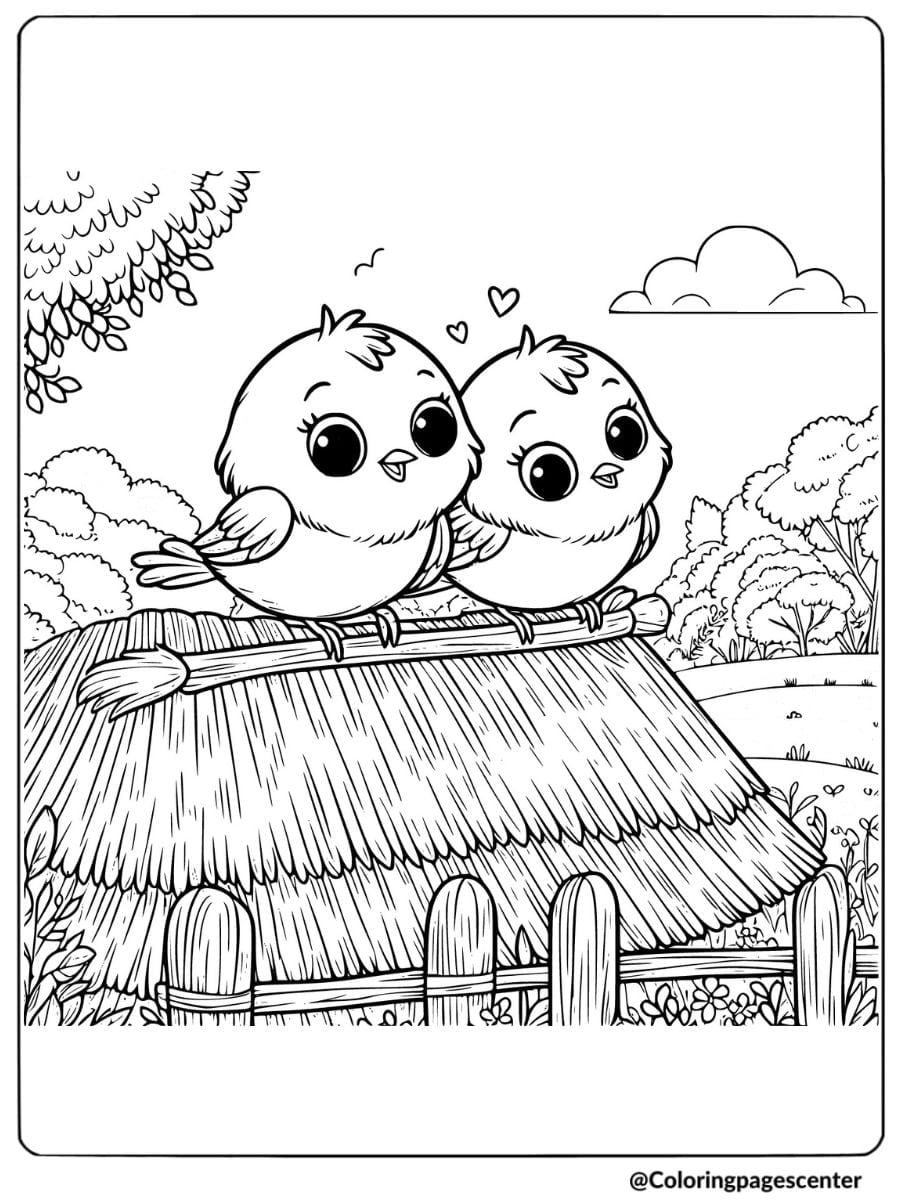 Coloring page of cute birds sitting on a roof with heart details