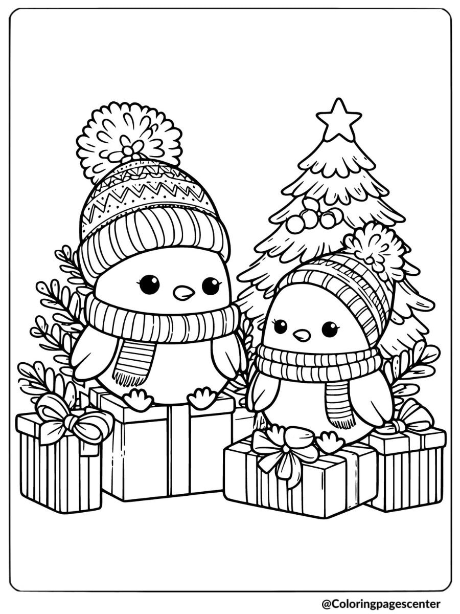 Winter birds with presents and a decorated tree coloring page