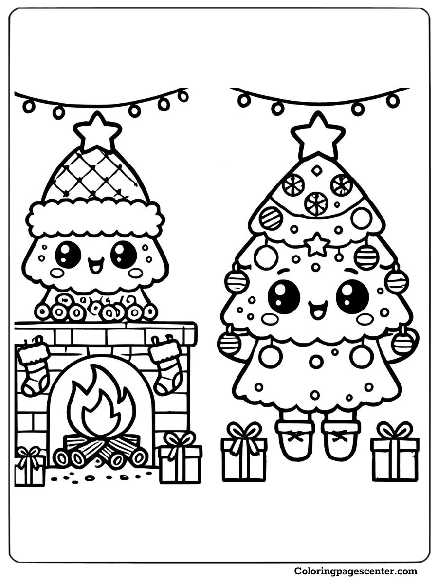 Two cute Christmas trees near a cozy fireplace to color