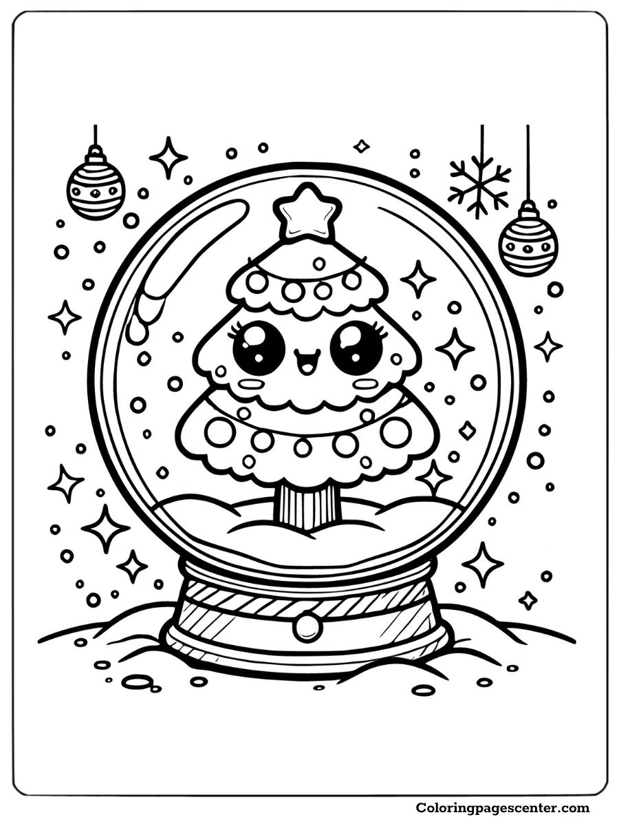 Snow globe with Christmas tree coloring page for kids