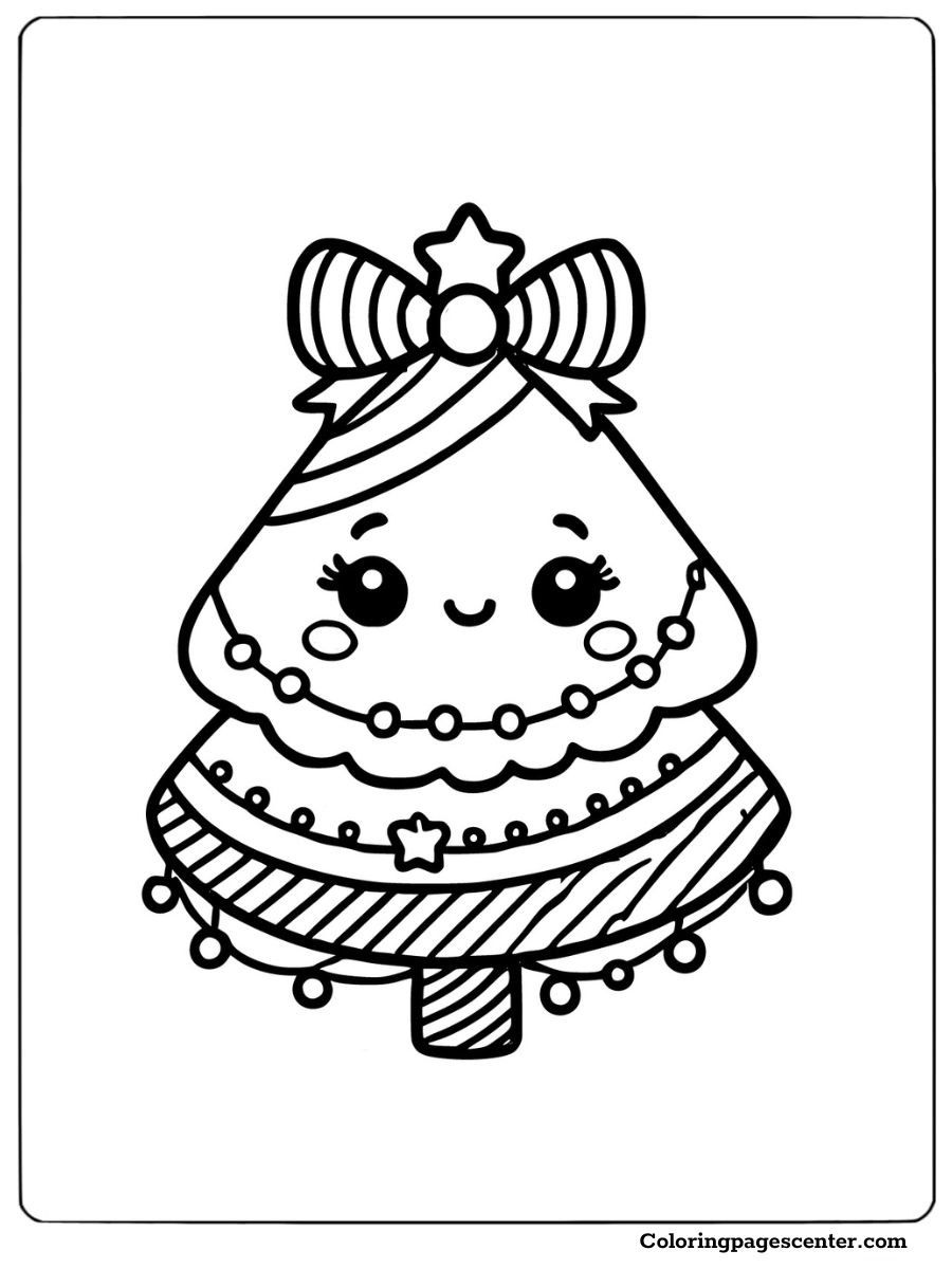 Coloring page of a Christmas tree with bow and decorations