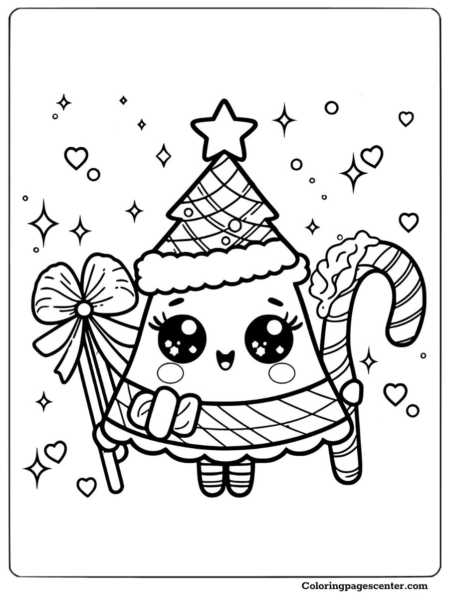 Christmas tree coloring page with candy cane and ribbon