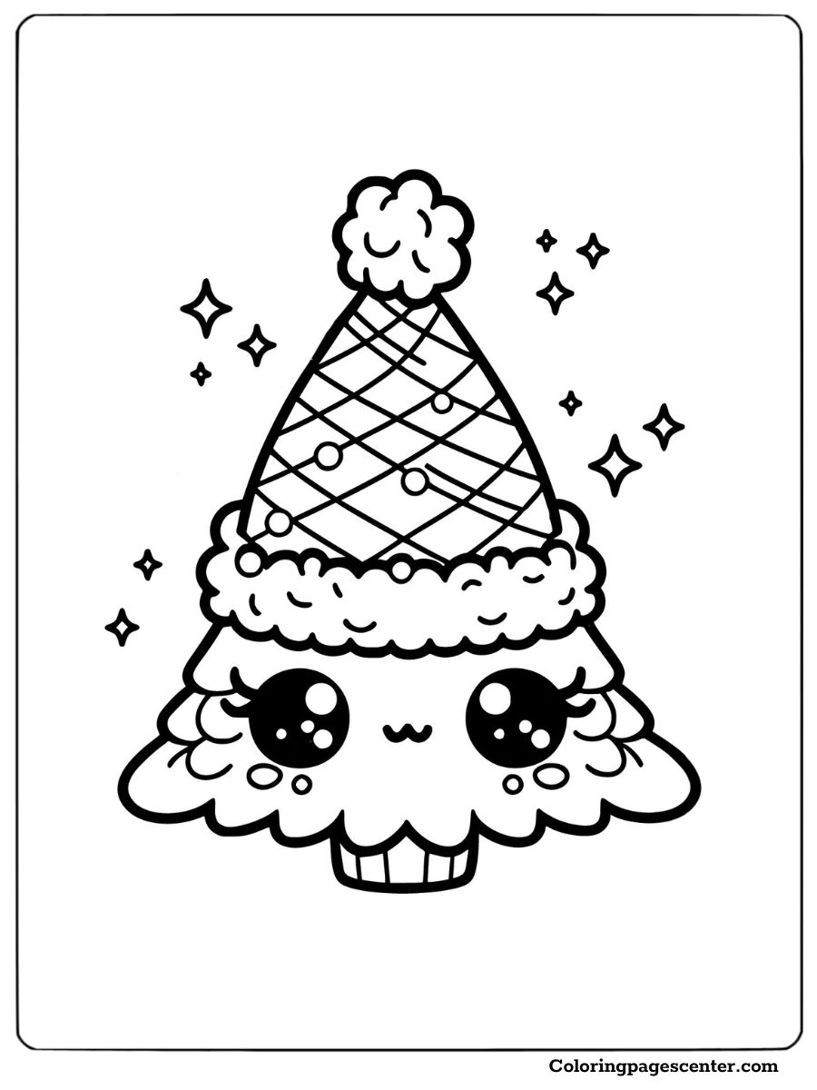 Christmas tree coloring page with cute hat and sparkles