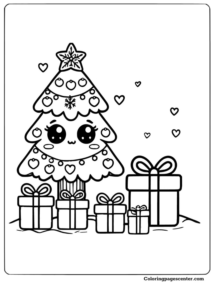 Cute Christmas Tree with Presents Coloring Page