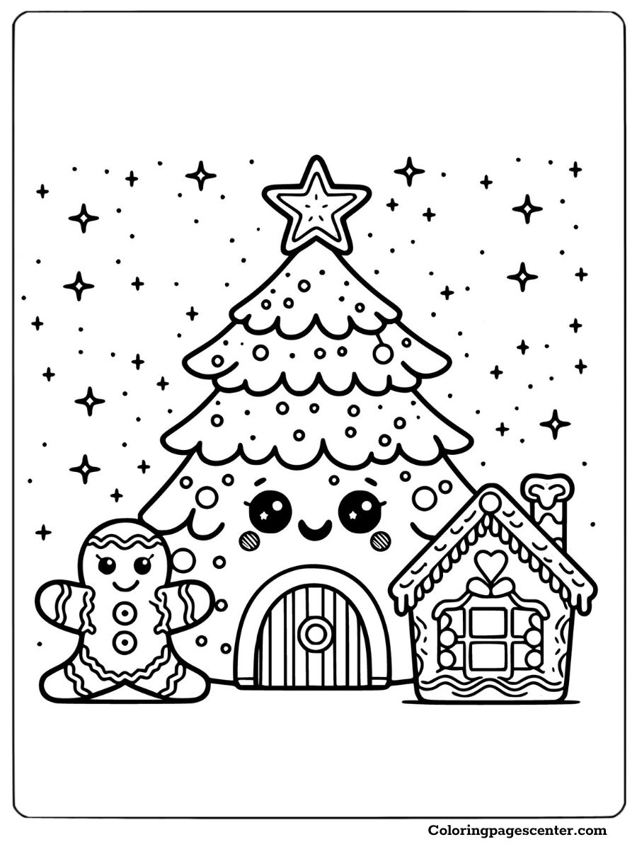 Christmas tree coloring page featuring gingerbread and house