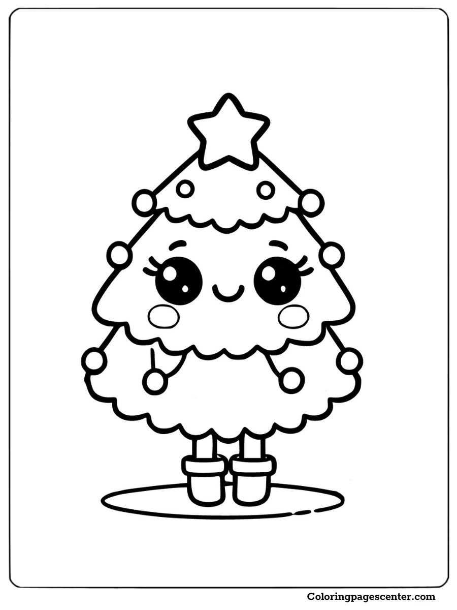 Cute Christmas tree coloring page with star and ornaments