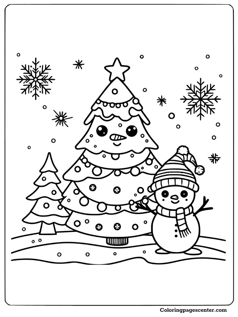 Christmas tree coloring page with snowman and snowflakes