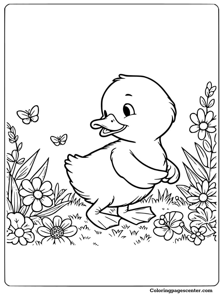 Baby duck enjoying flowers coloring page