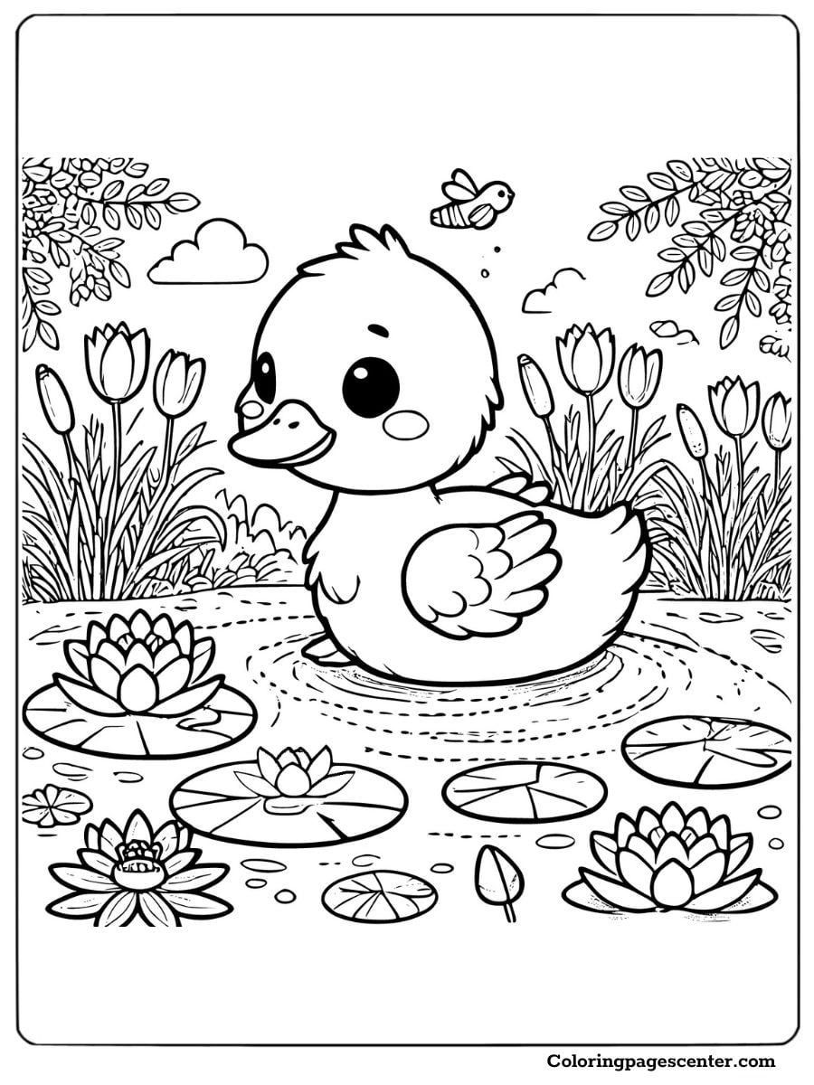 Adorable duck swimming with lilies coloring page