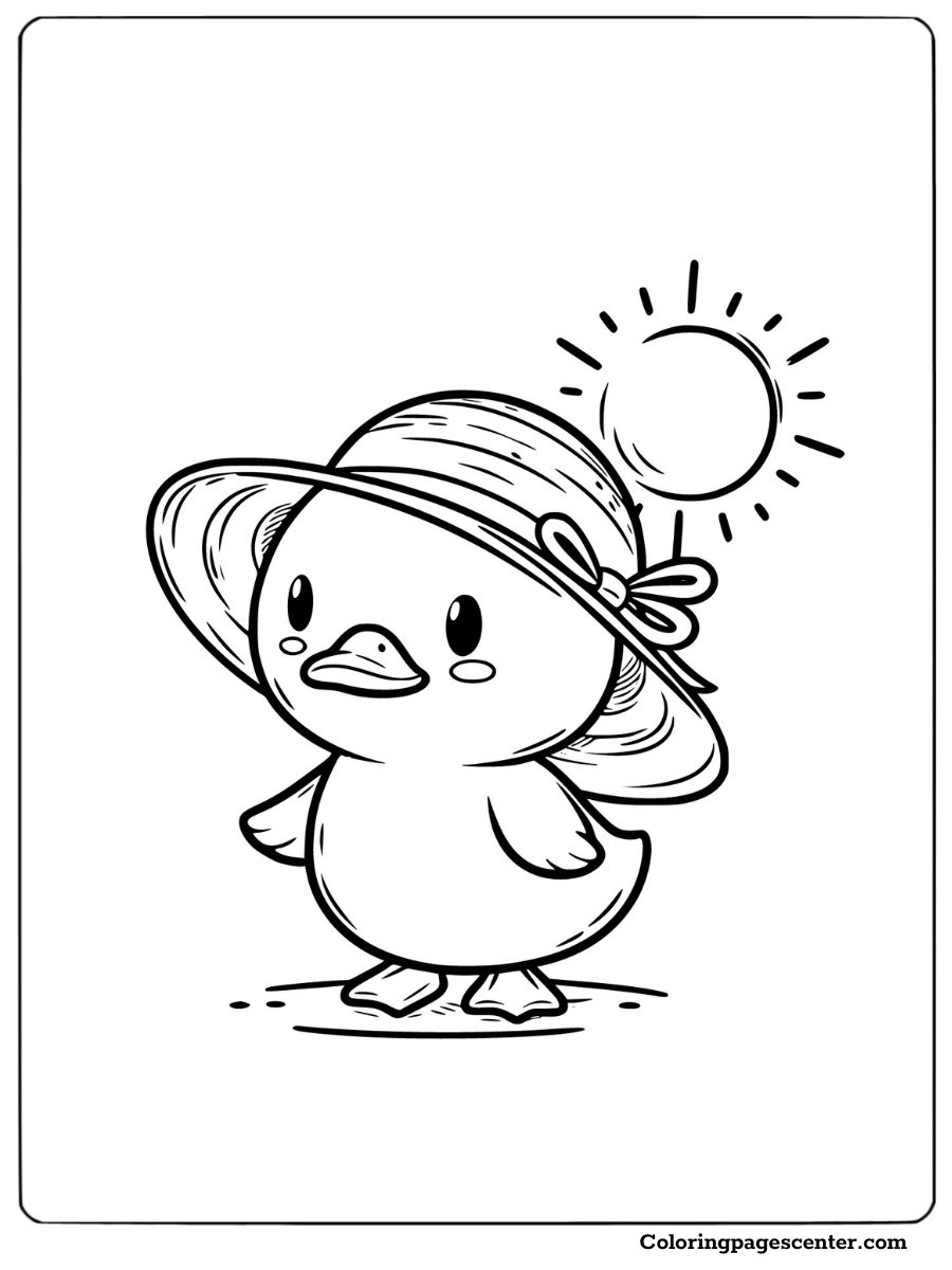 Duck with a summer hat and sun coloring page