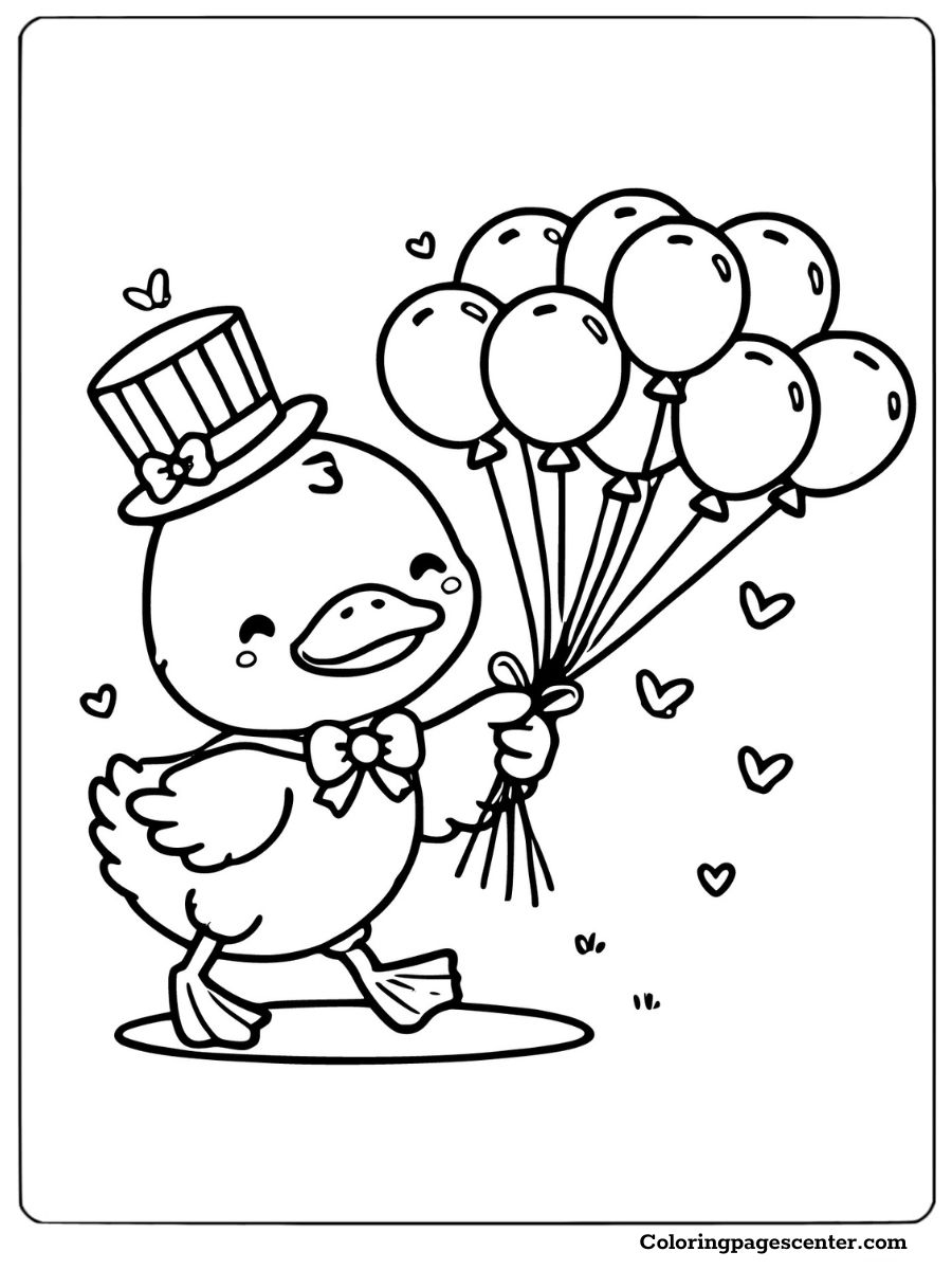 Cute duck holding balloons coloring page