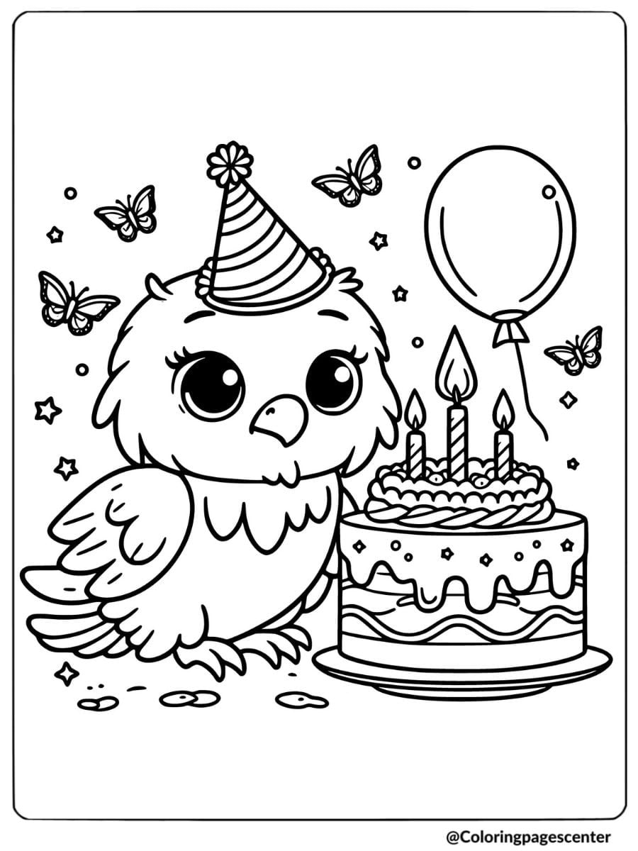 Cute birthday eagle with cake and balloons coloring page