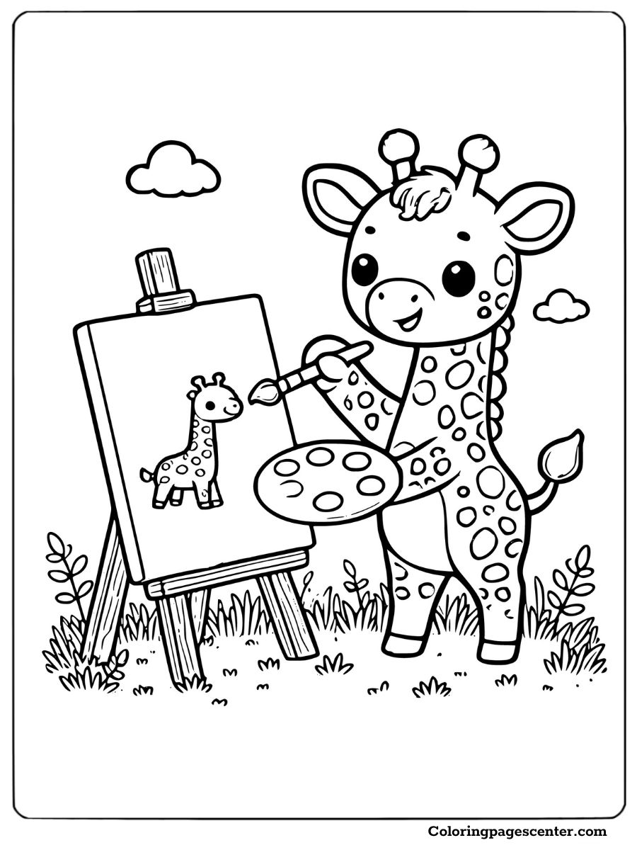 Coloring page of a cute giraffe painting with an easel outdoors