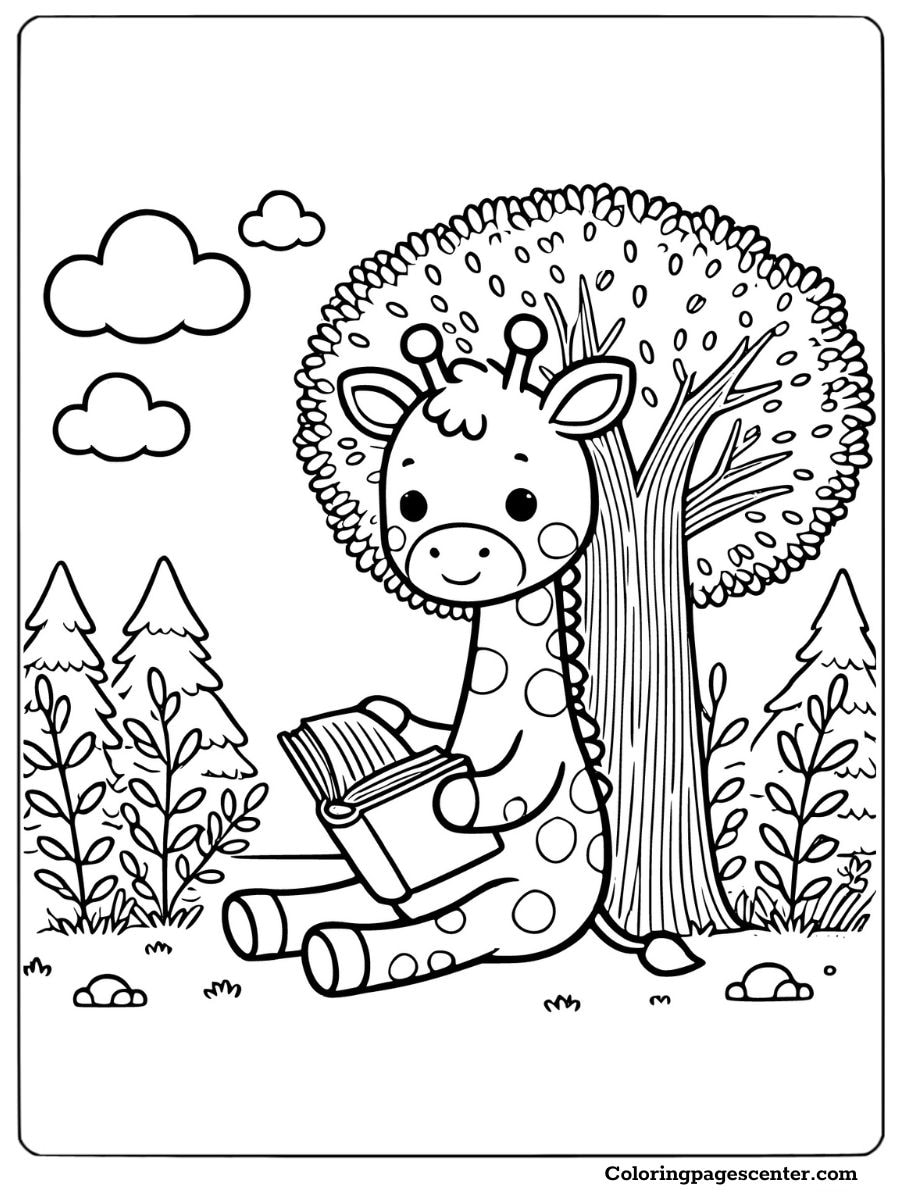 Cute giraffe sitting and reading a book under a tree coloring page