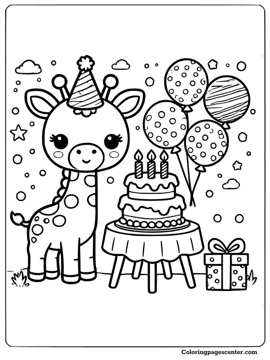 Coloring page of a cute giraffe celebrating with a birthday cake