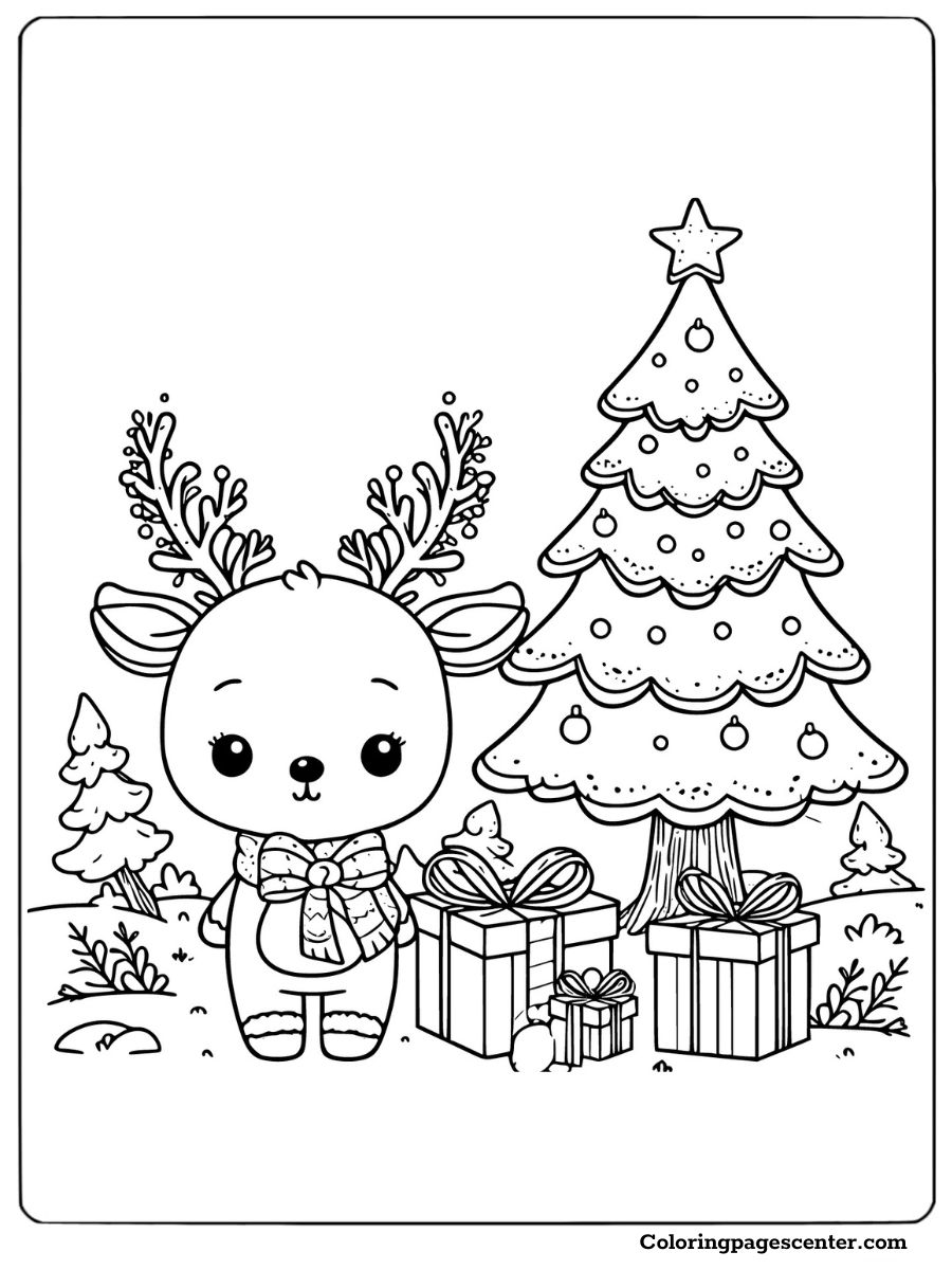 Adorable reindeer beside Christmas tree coloring page