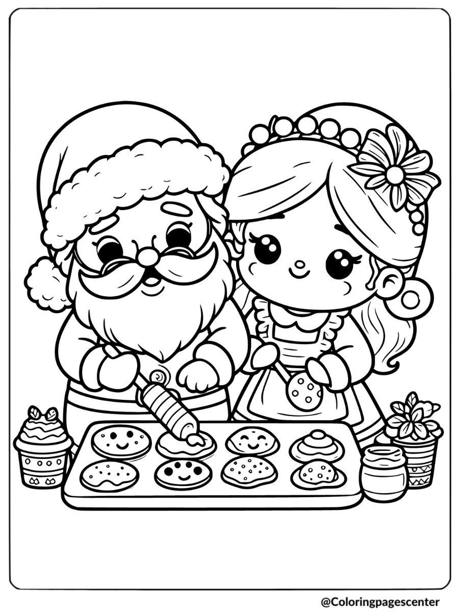 Santa and helper baking cookies together coloring page