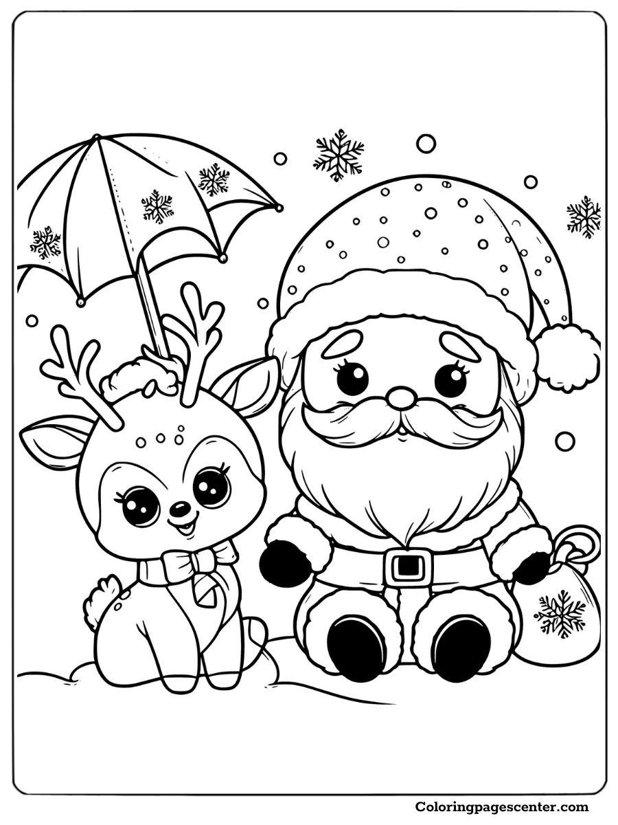 Santa and reindeer sitting in snow coloring page