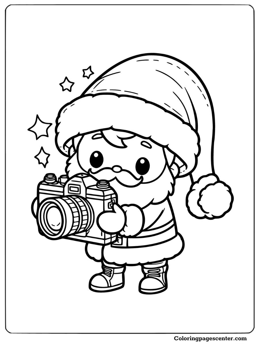 Adorable Santa holding a camera for kids' coloring page