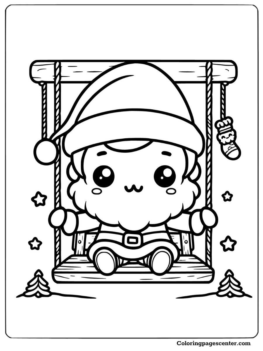 Santa sitting on swing with a festive vibe coloring page