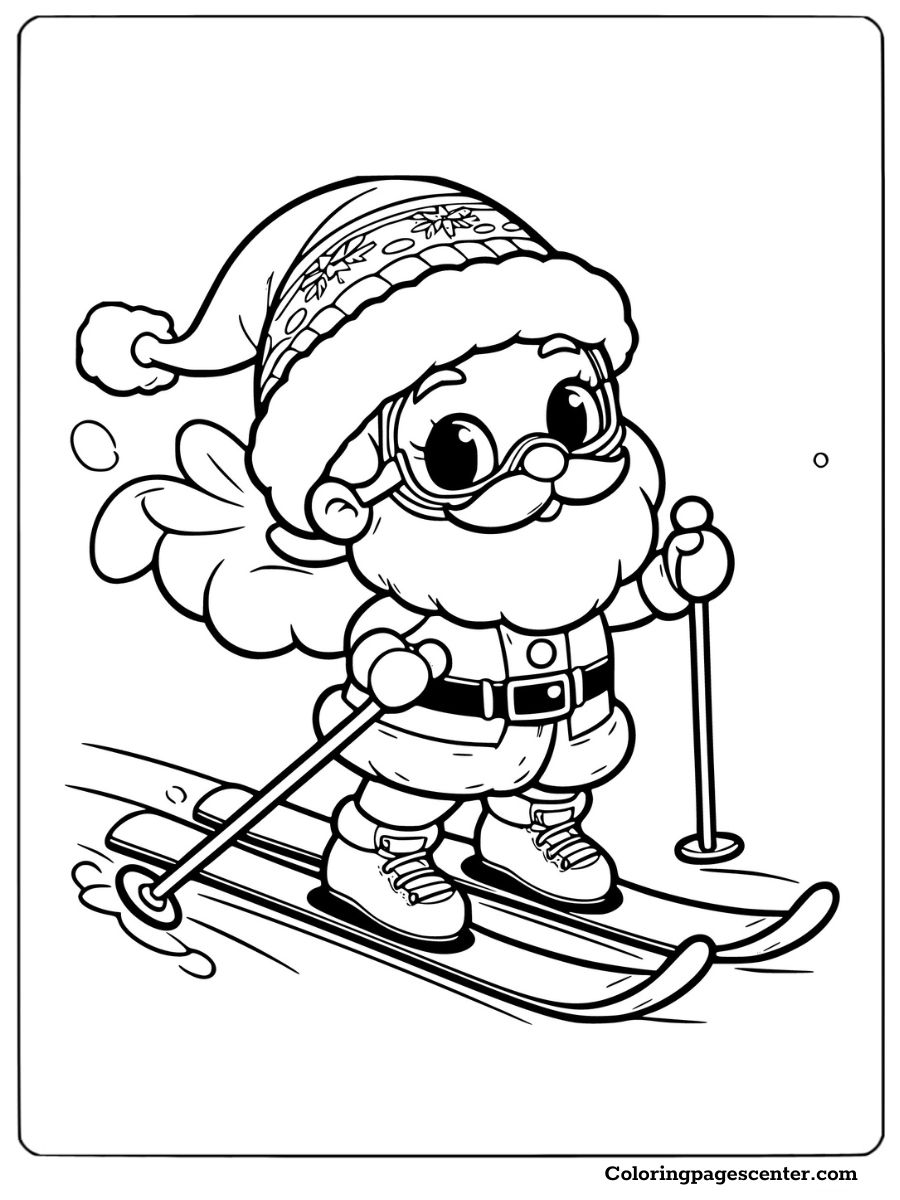 Santa skiing on snowy slopes coloring page for kids