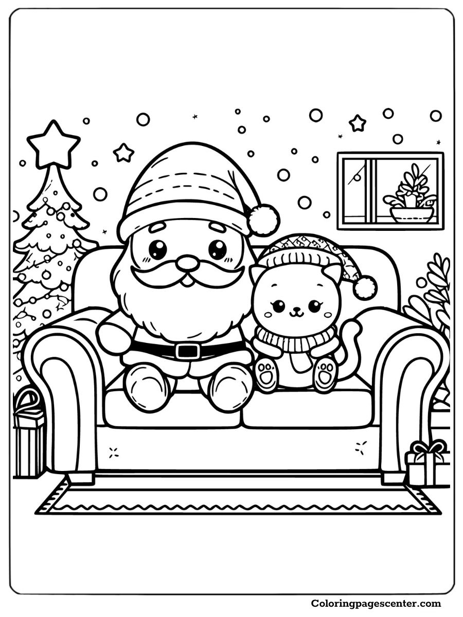 Santa relaxing with a cat on couch coloring page